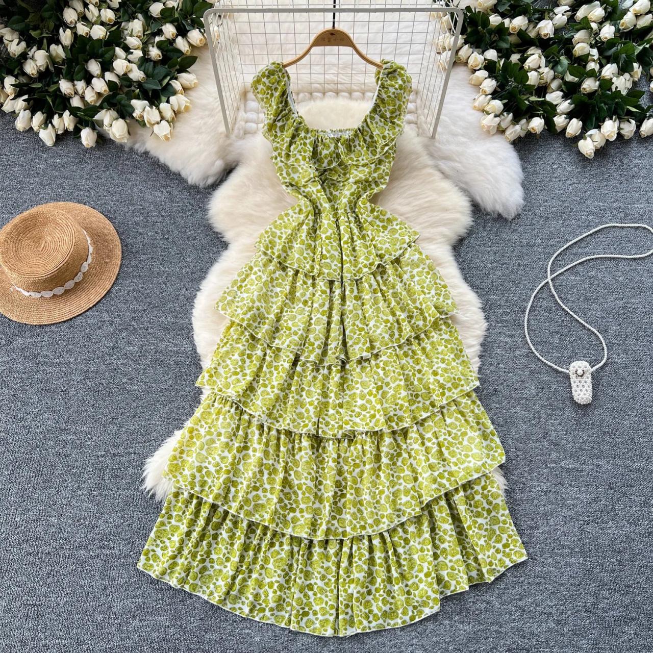 Floral Green Tiered Summer Maxi Dress