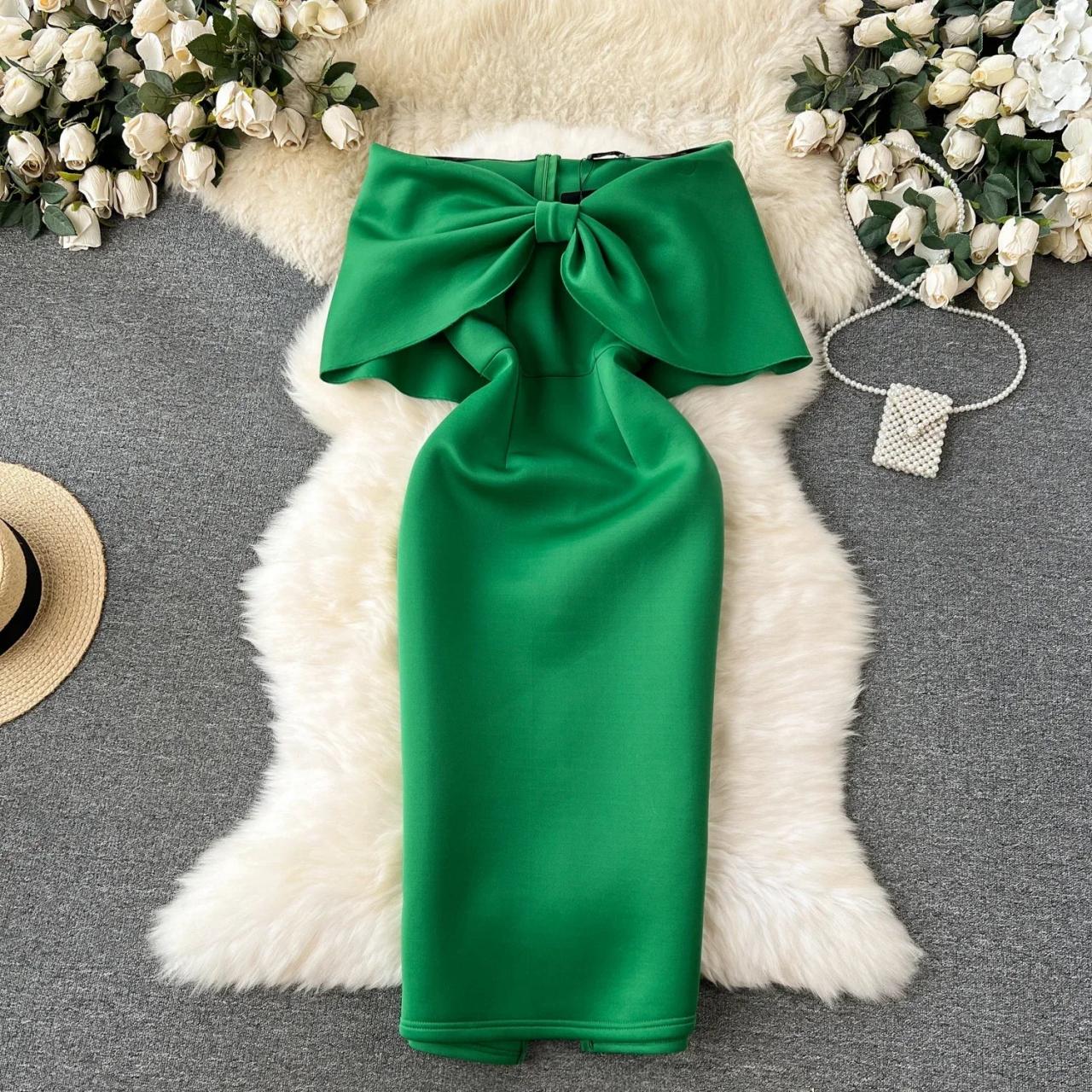 Elegant Green Bow-knot Strapless Midi Dress on Luulla