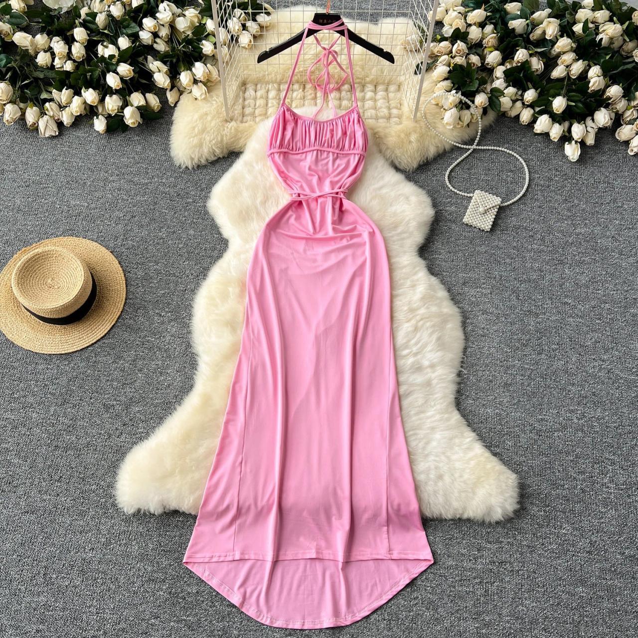Pink Halter Maxi Dress With Ruched Bodice on Luulla