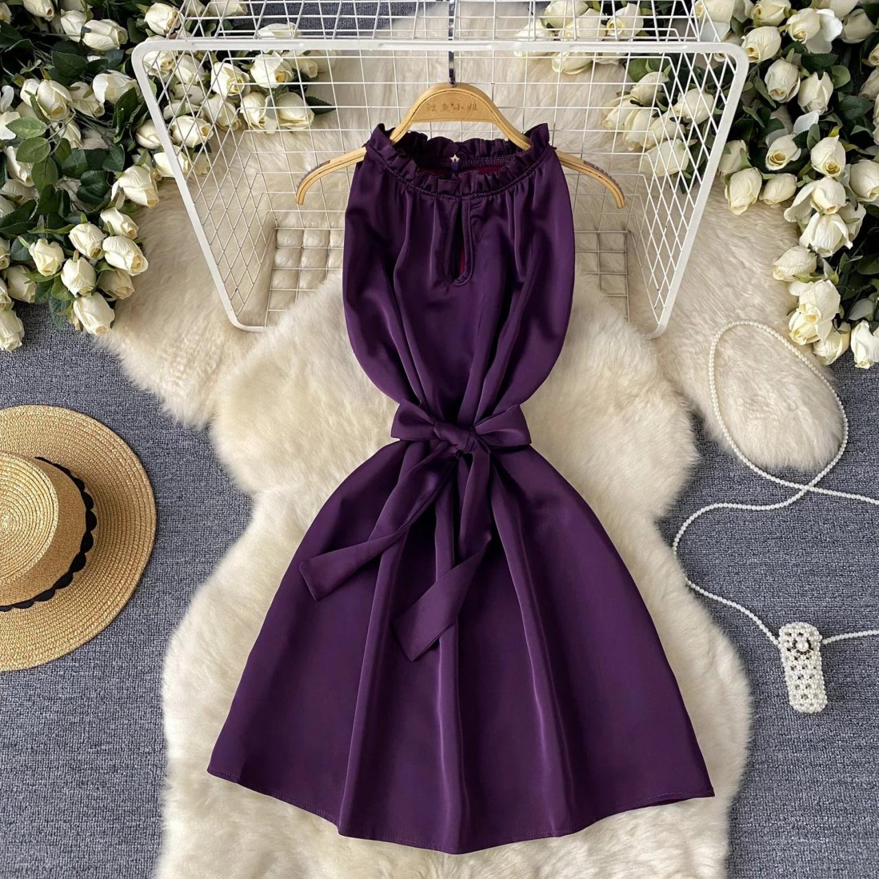 Elegant Purple Sleeveless Belted Summer Dress