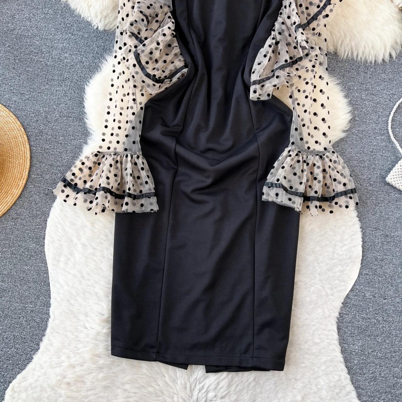black dot mesh midi dress Black Polka Dot Long Sleeve Mesh Midi Dress main image 1