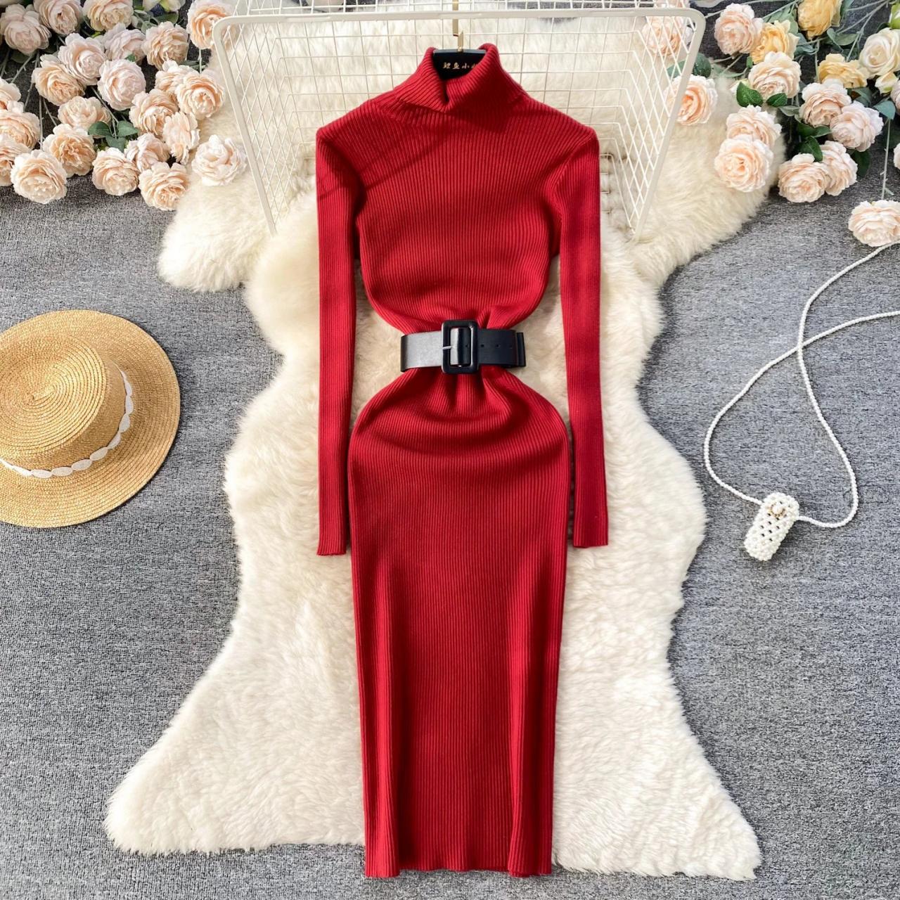 Elegant Red Ribbed Bodycon Dress With Belt