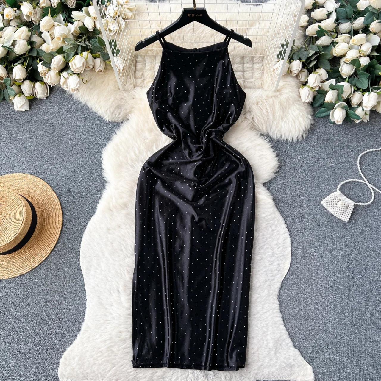 Elegant Black Satin Midi Dress With Polka Dots