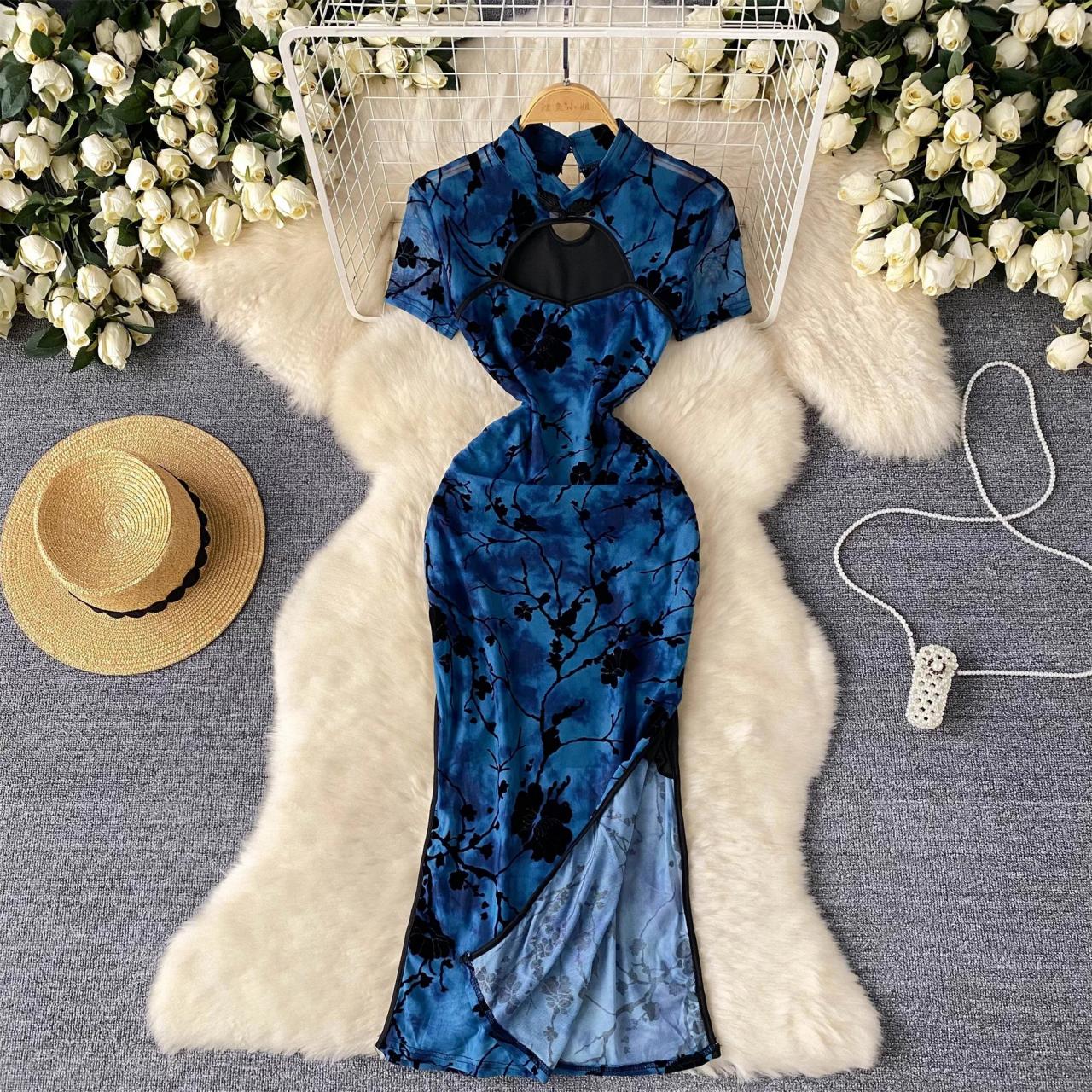 Welove Prom Elegant Blue Floral Velvet Cheongsam Dress
