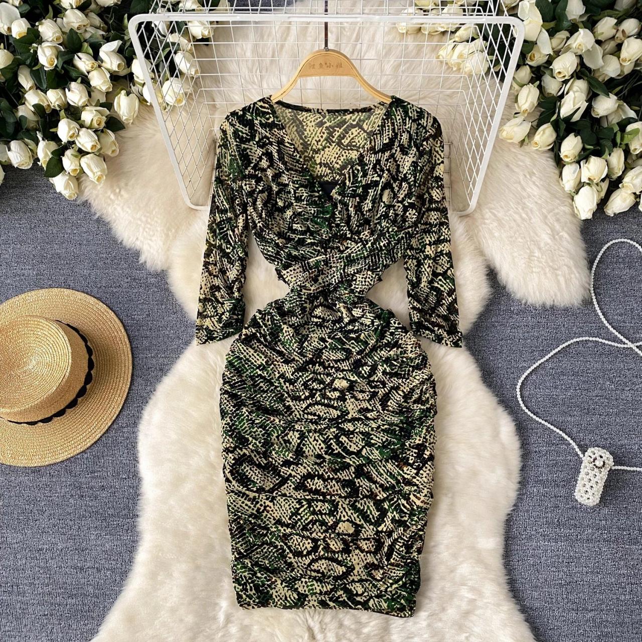 snake print bodycon midi dress Green Snake Print Bodycon Dress