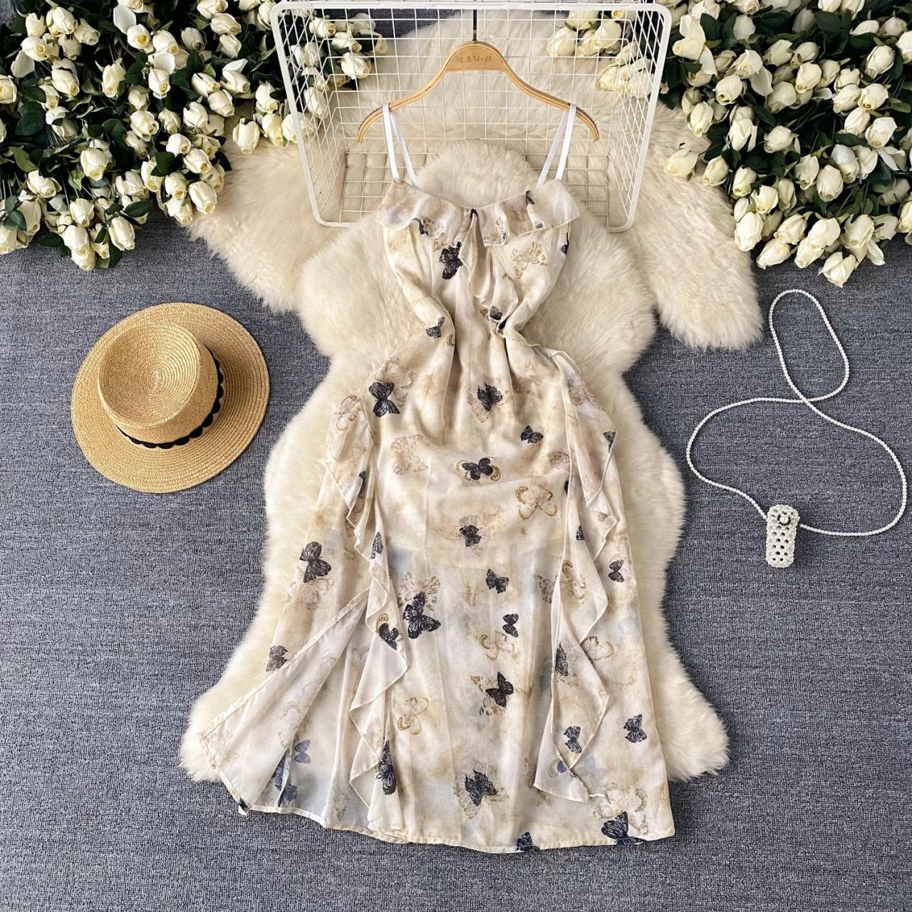 Elegant Butterfly Print Ruffled Chiffon Midi Dress on Luulla