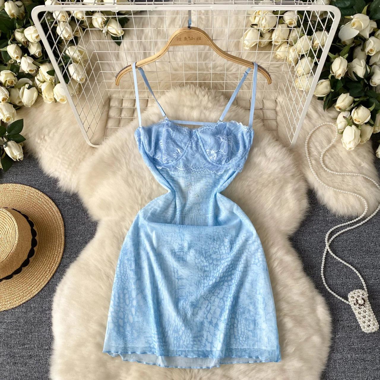 Elegant Light Blue Lace Slip Dress