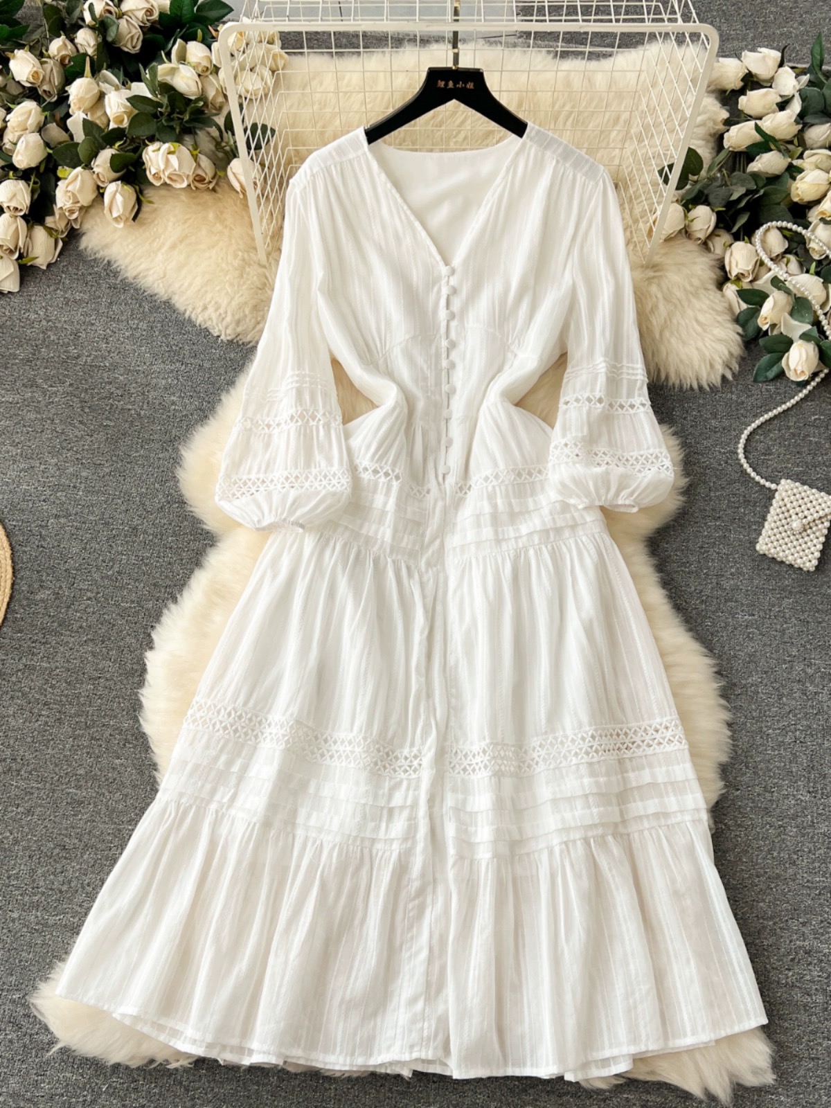 Bohemian Holiday Dress, Chic Hollow Puff Sleeve Maxi Mid-length Dress