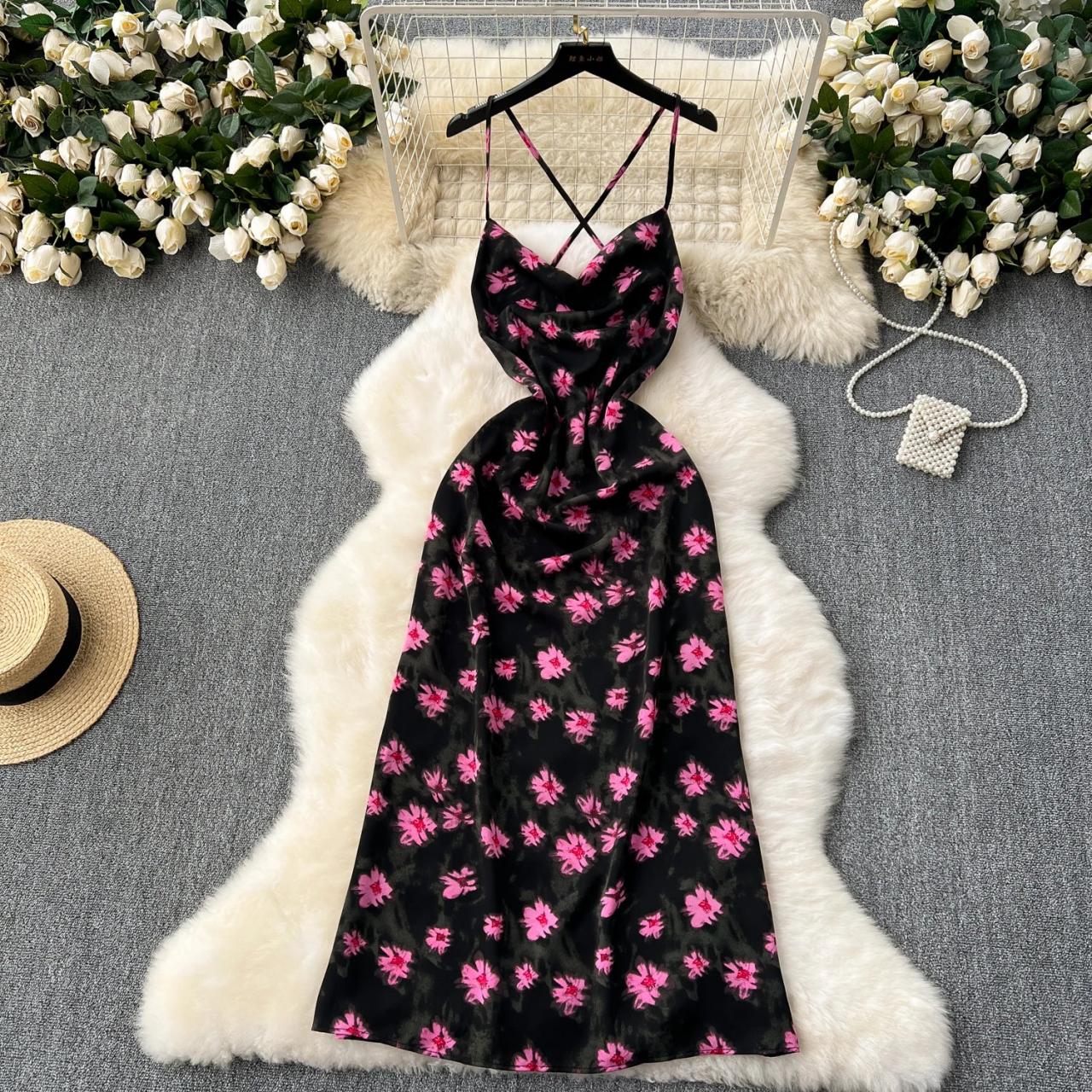 Floral Print Strappy Black Midi Dress on Luulla