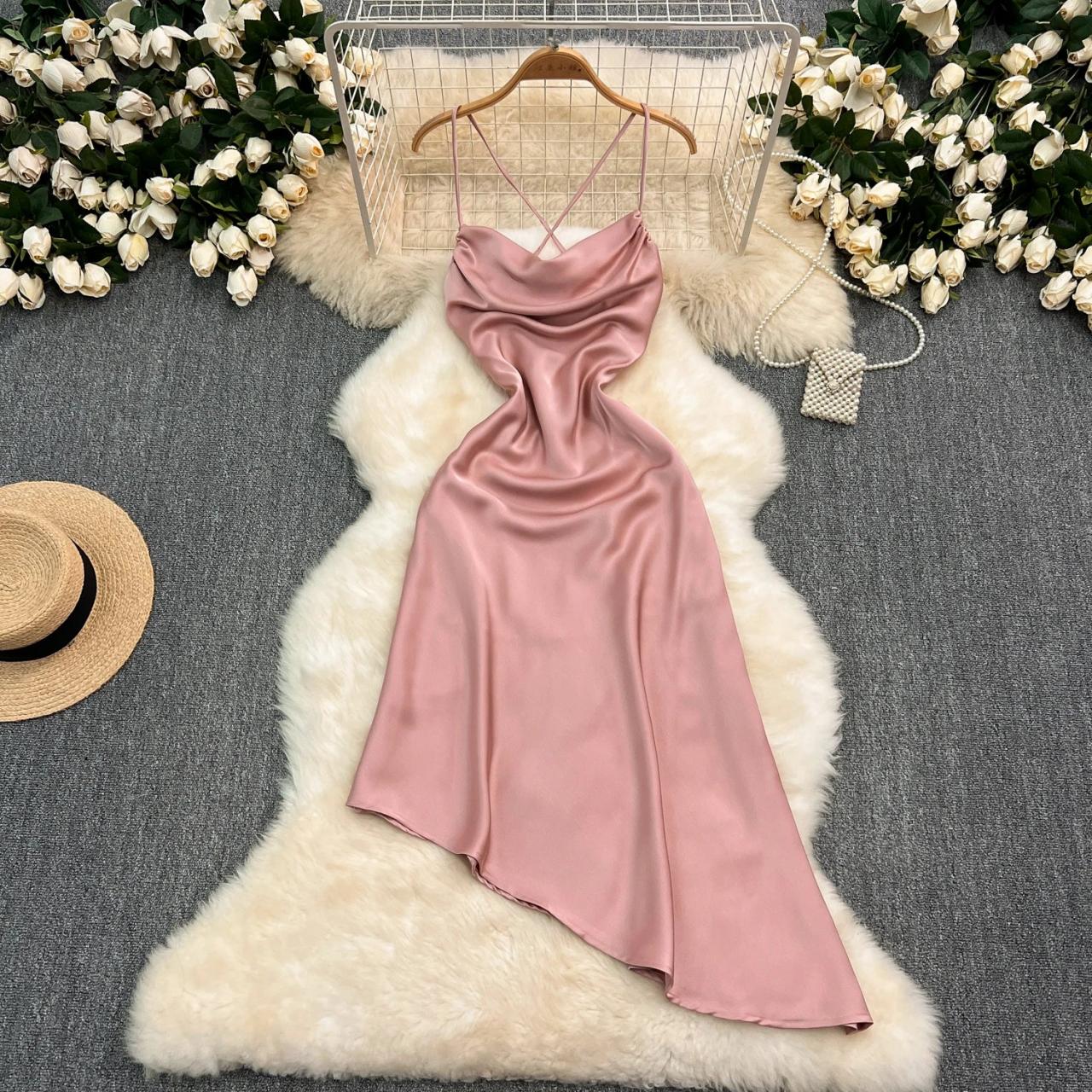 Elegant Pink Satin Asymmetrical Cowl Neck Dress on Luulla