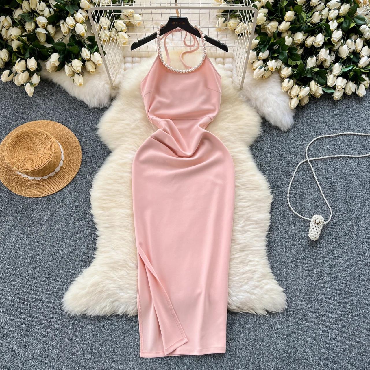 pearl pink satin dress Pearl Pink Halter A-Line Satin Bridesmaid Dress with Open Back  Elegant Bridesmaid Satin Gown with V-Neck - Multiple Color