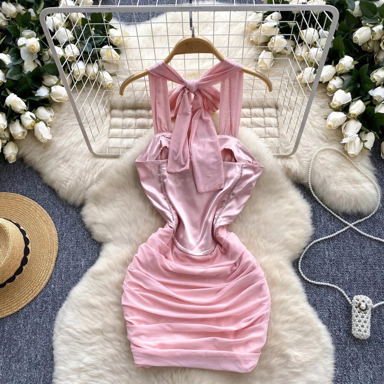 pink satin ruched mini dress Mgiacy Elegant Pink Satin Strapless Ruched Floral Lace Up Ruffle Hem Mini  Dress For Women Summer Party, Prom, Beach & Festival