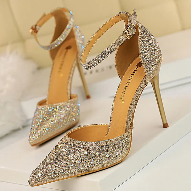 Sparkling Gold Rhinestone High Heel Evening Shoes