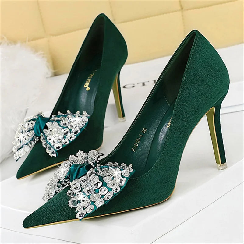 Elegant Green Heels With Rhinestone Embellishments