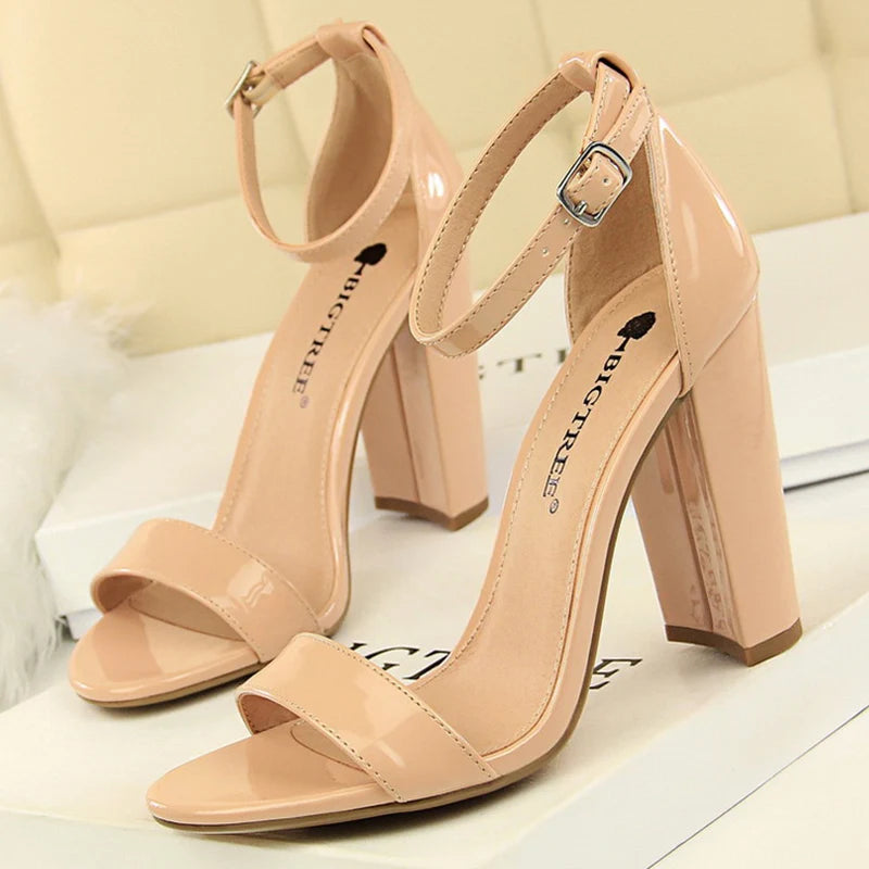 Nude patent block heel sandals cheap