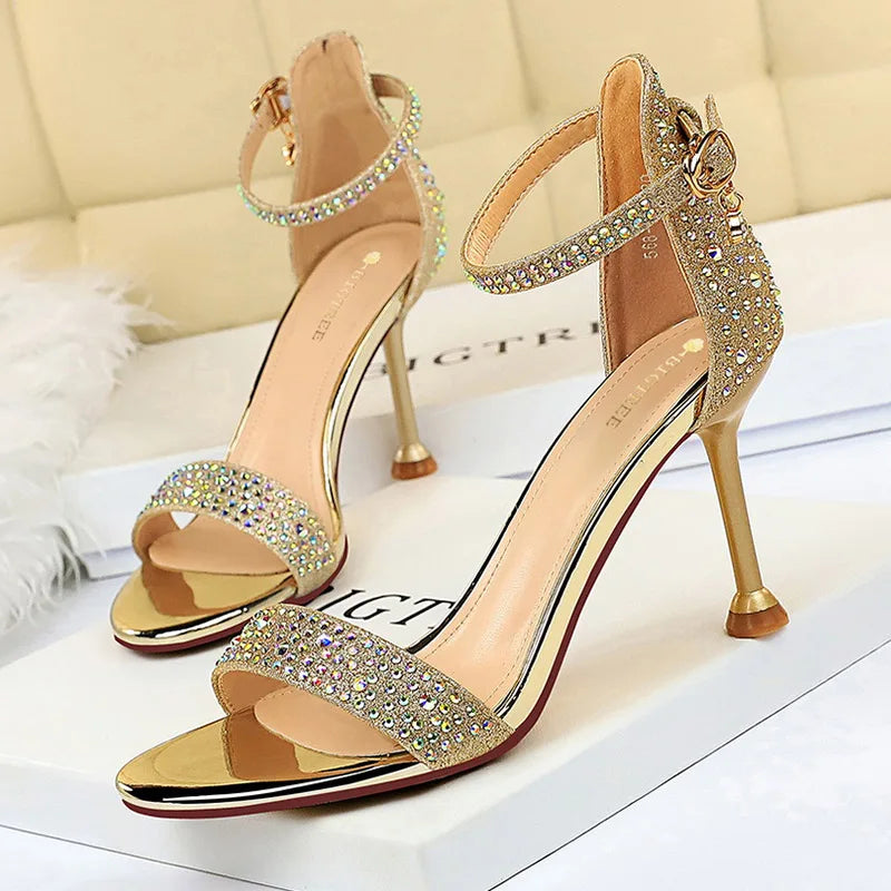 Elegant Gold Rhinestone Studded High Heel Sandals on Luulla