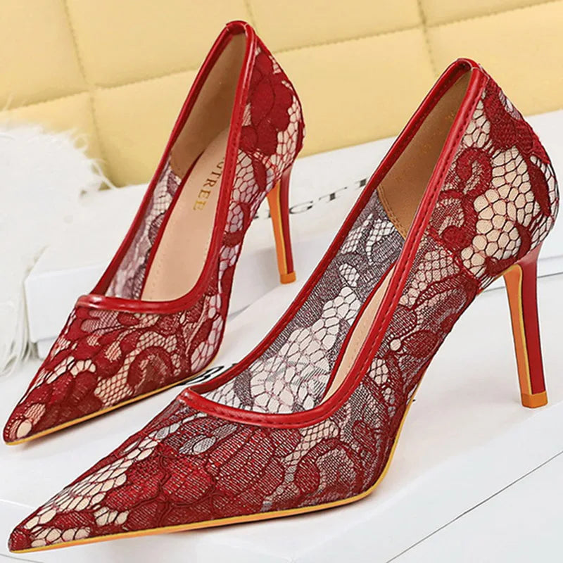 Red Lace Pointed Toe Stiletto Heel Pumps on Luulla