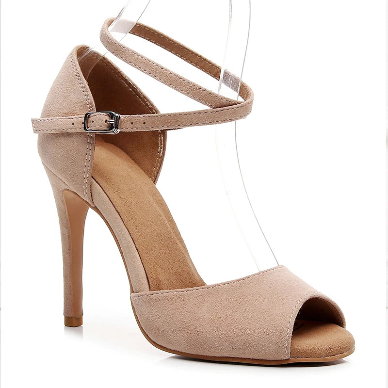 Elegant Nude Suede Strappy Peep Toe Heels