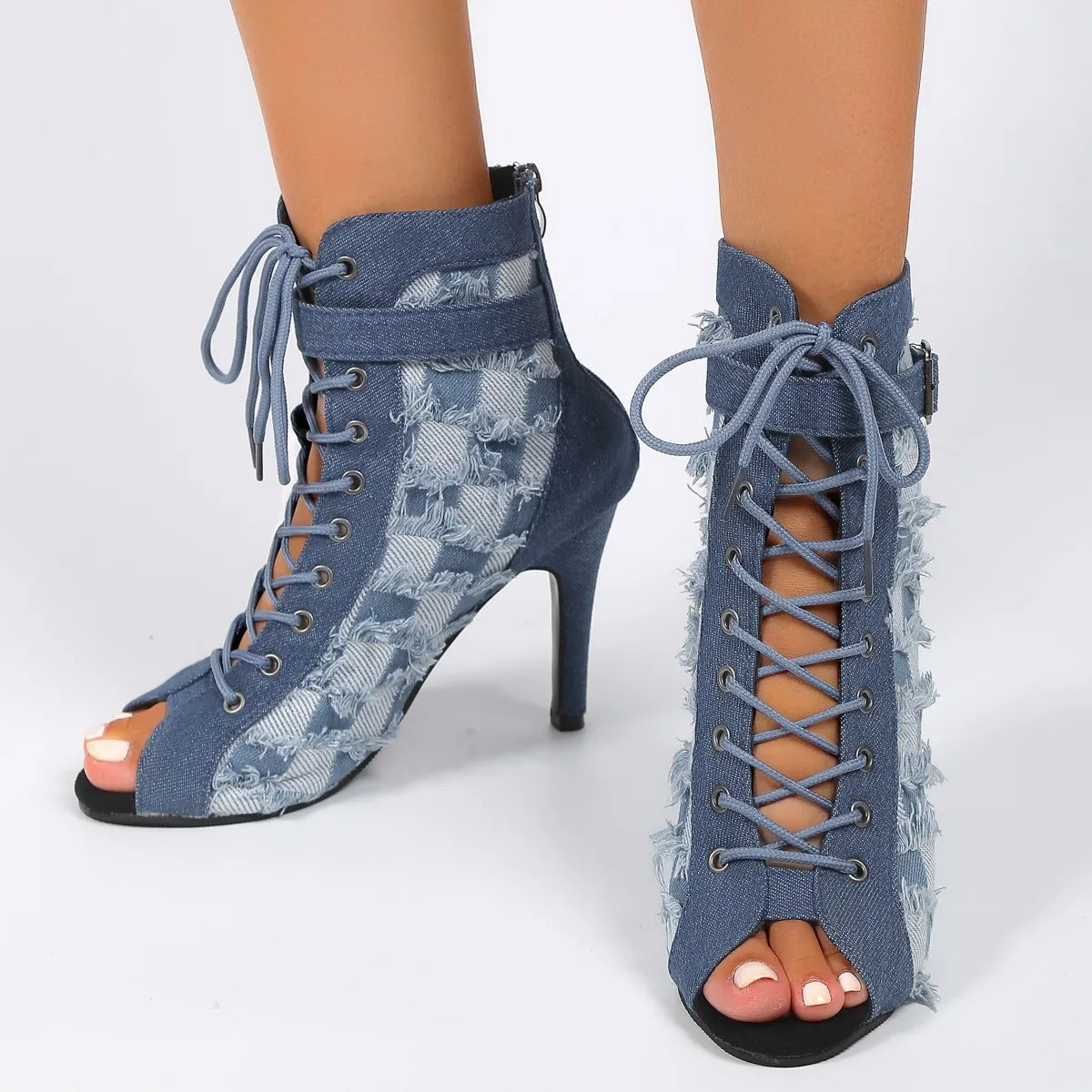 Womens Denim Lace up High Heel Boots on Luulla
