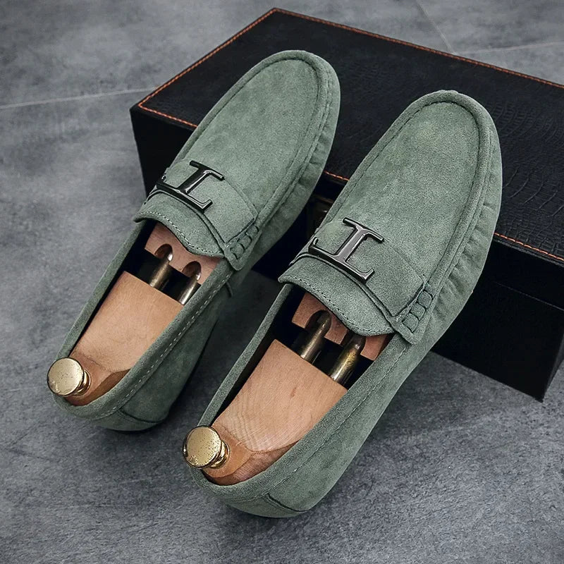 Mens Green Suede Moccasin Loafers With Logo