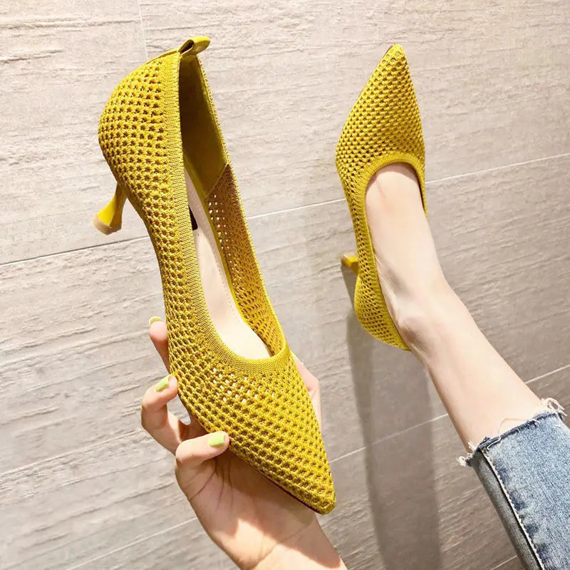Yellow Pointed Toe Knit Heeled Dress Shoes on Luulla