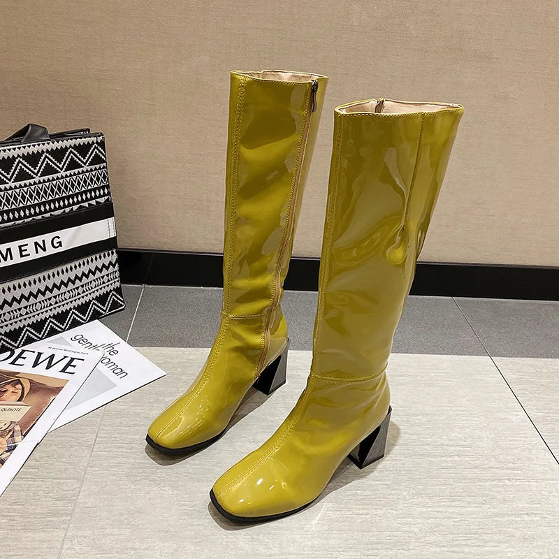 Womens Yellow Patent Leather Knee high Boots on Luulla