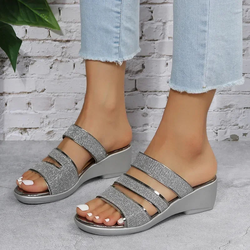Sparkly Silver Strappy Wedge Sandals For Women on Luulla