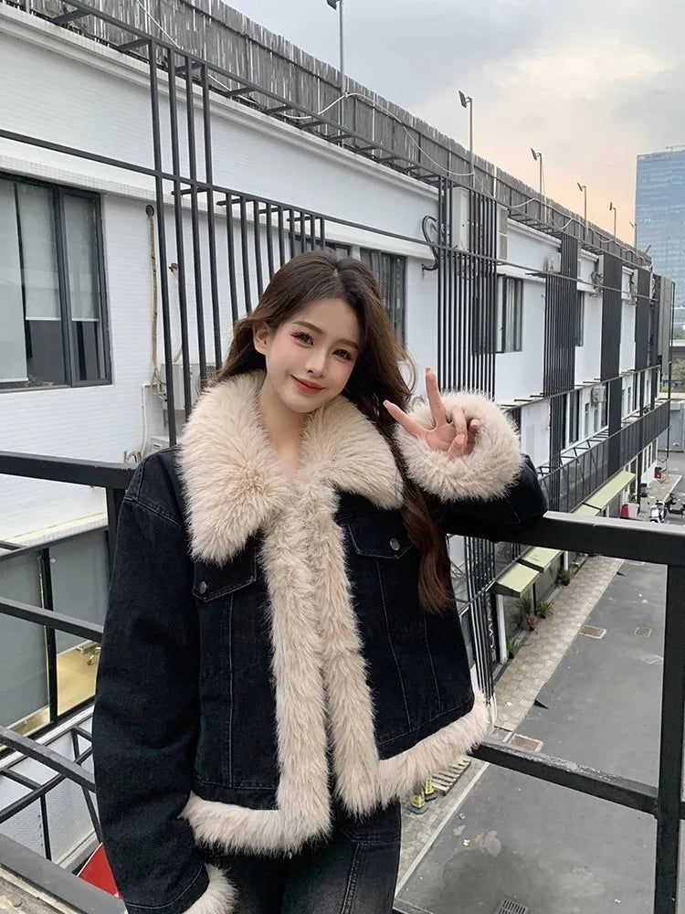 Faux fur lined denim jacket womens top