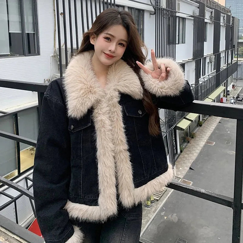 Oversized fur lined denim jacket online