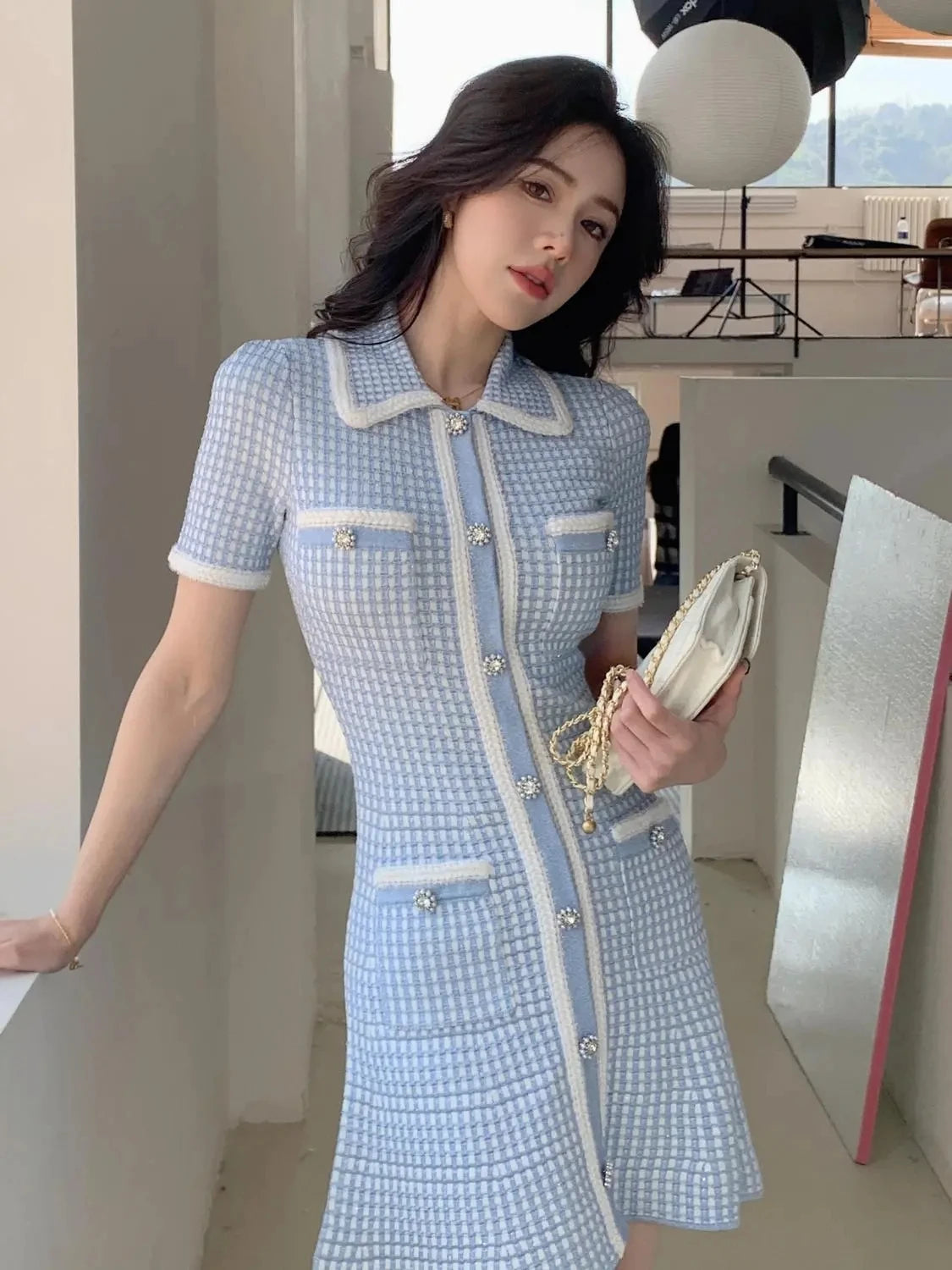 Elegant Fashion Mini Women 2023 Butterfly French Luxury Fragrant Summer Blue Plaid Knit Dress Vestidos