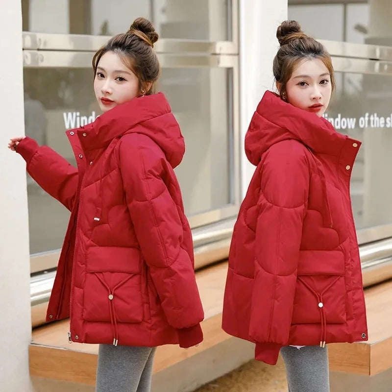 Womens Red Hooded Puffer Jacket Warm Quilted on Luulla