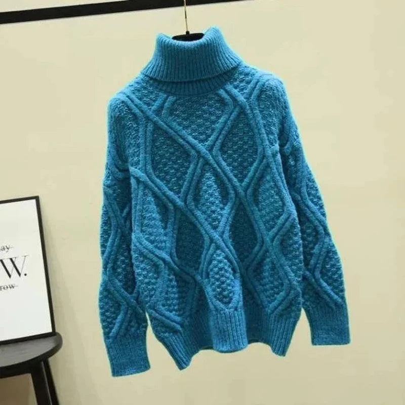 Cozy Green Cable Knit Turtleneck Sweater Warmth on Luulla