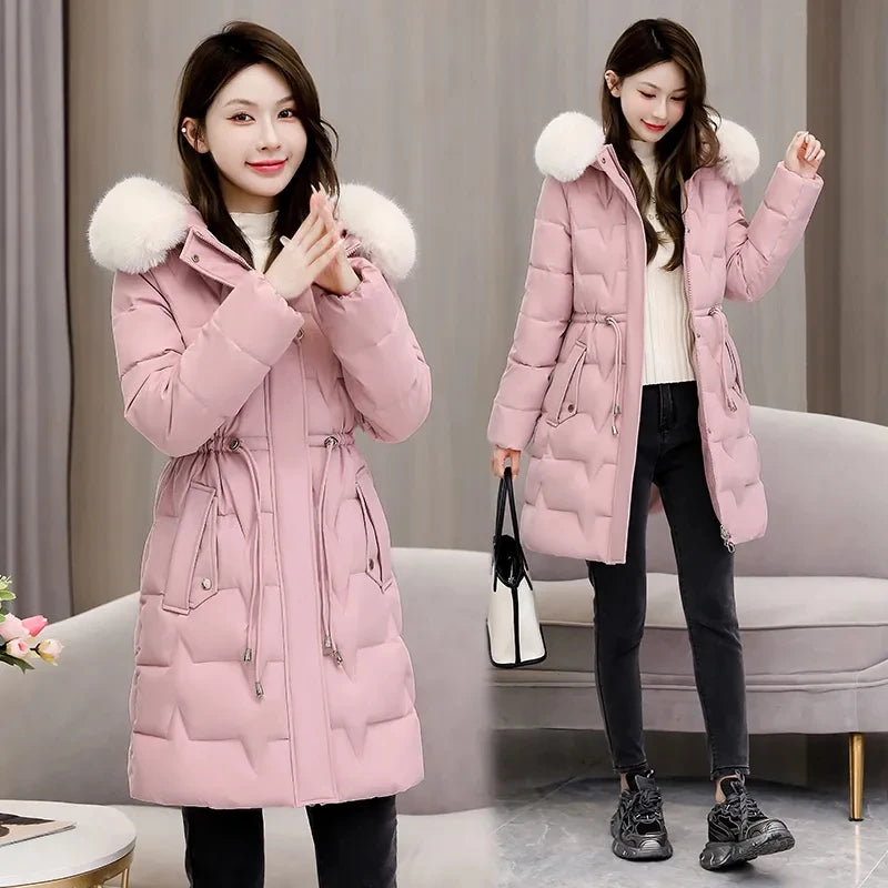 Pink Long Winter Coat With Fur Hood on Luulla