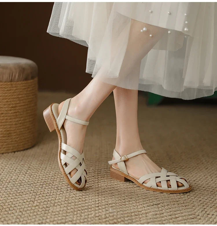 Womens Chic Beige Strappy Low Heel Sandals on Luulla