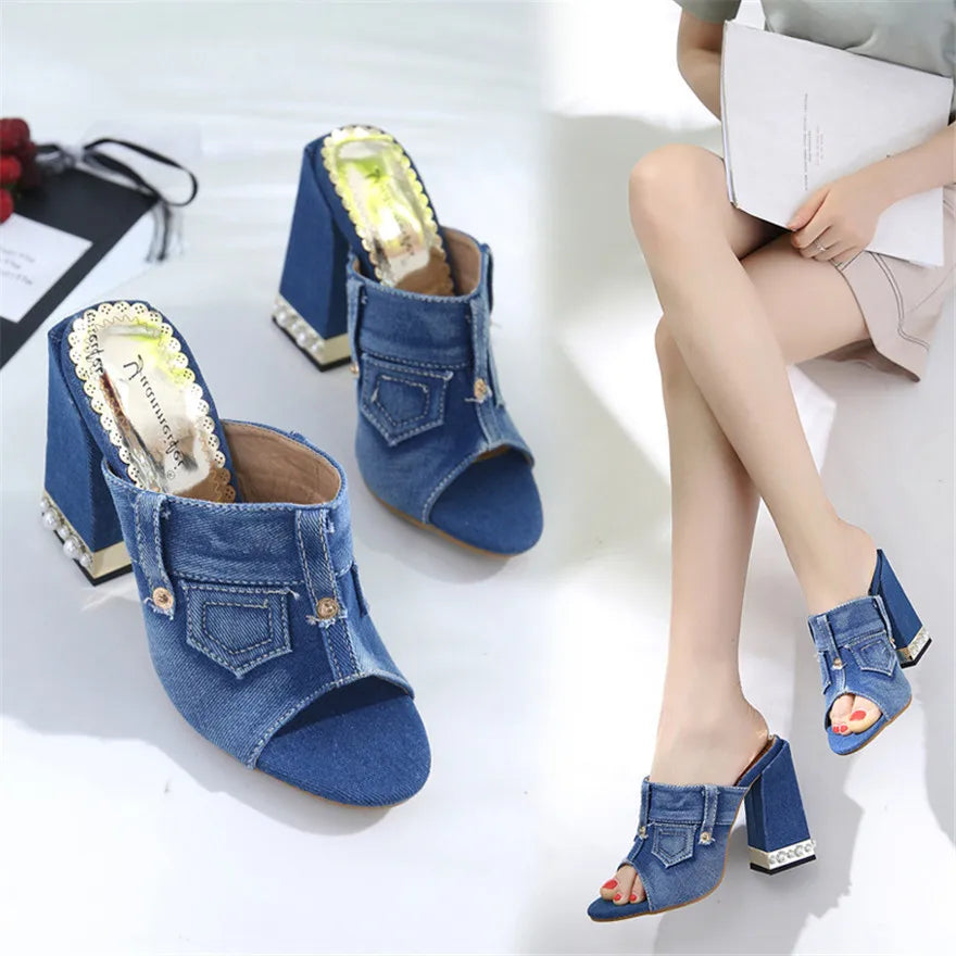 denim block heels