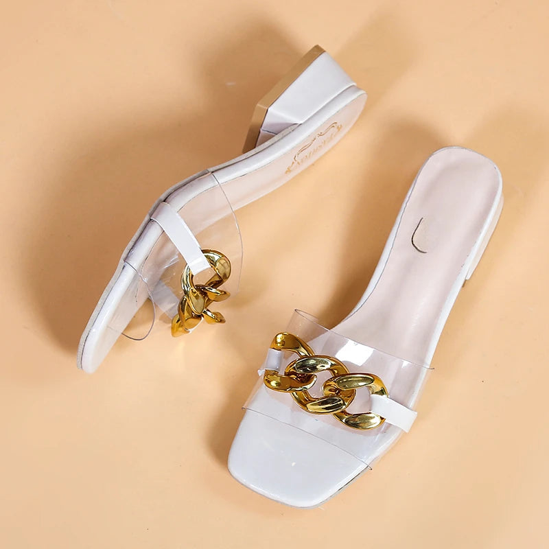 Clear Slide Sandals with Gold Chain Accent