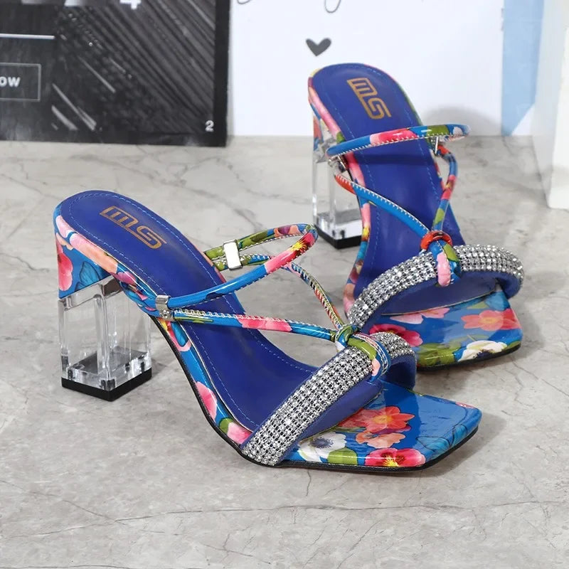 Vibrant Floral Heels With Clear Block Design