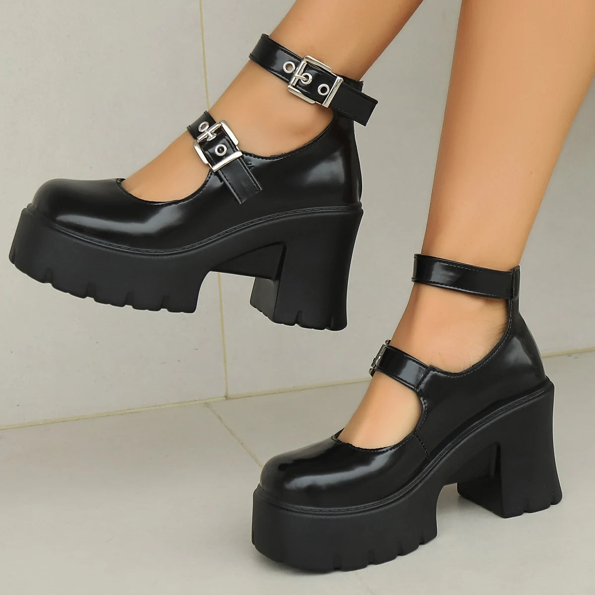 princess polly baby blue dress Koi Black Platform Mary Jane Heels main image 1