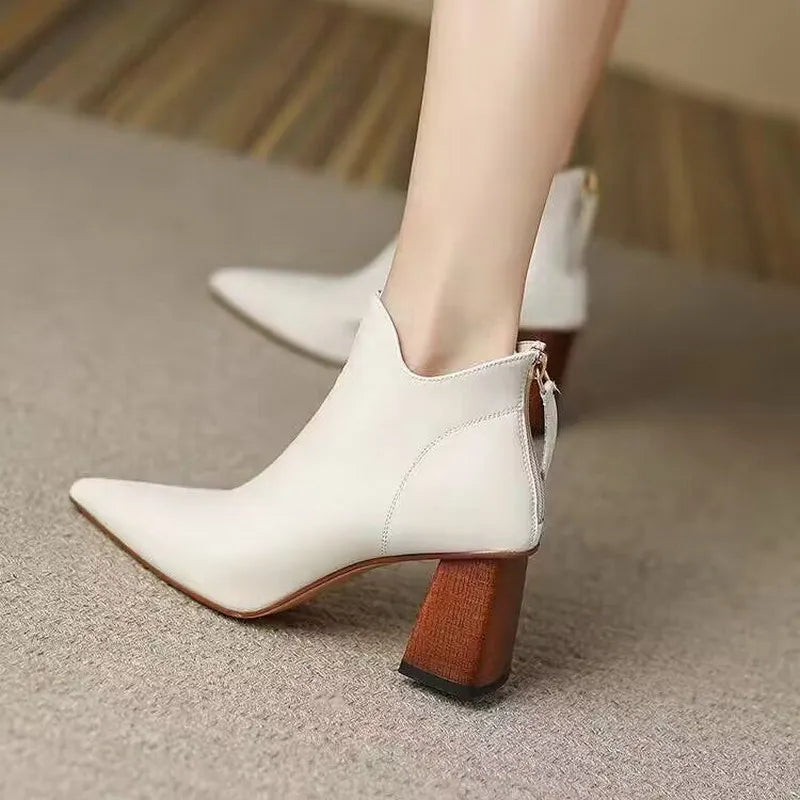 Sleek White Ankle Boots With Wooden Heel