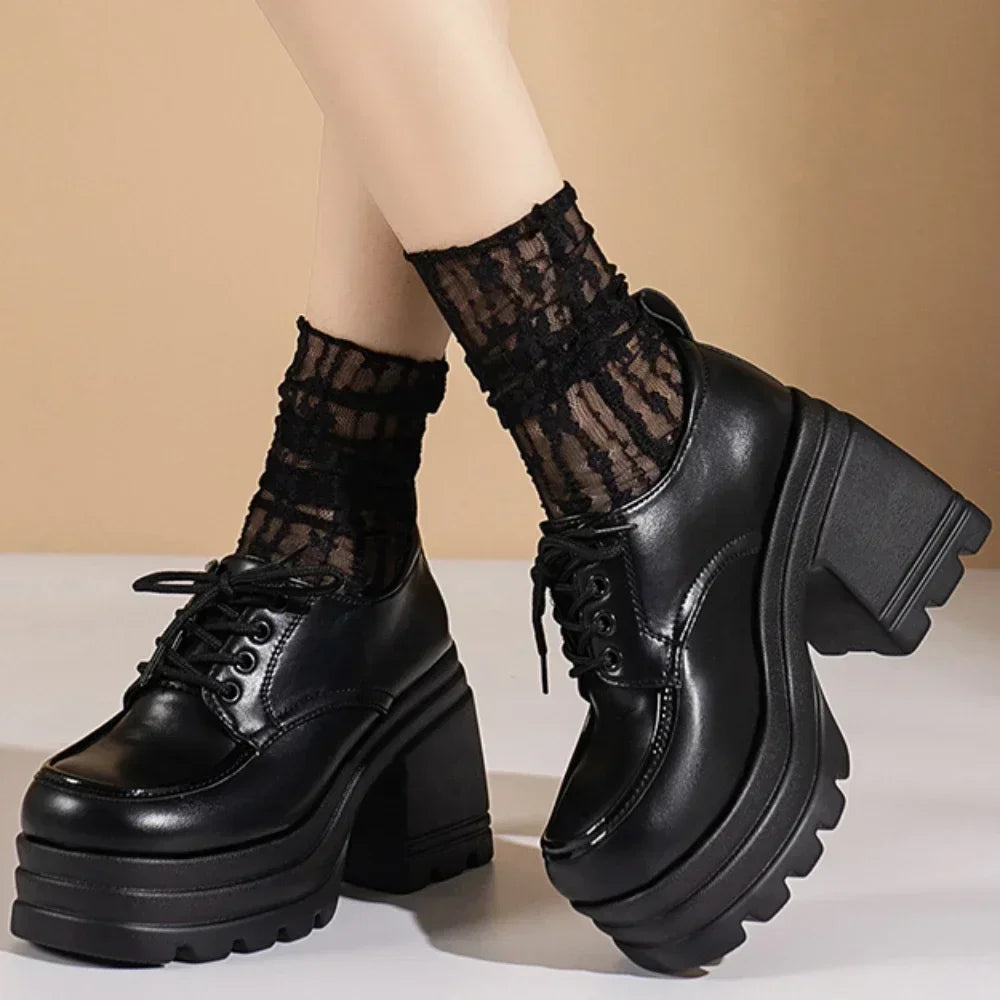 Chunky Black Leather Platform Shoes with Laces