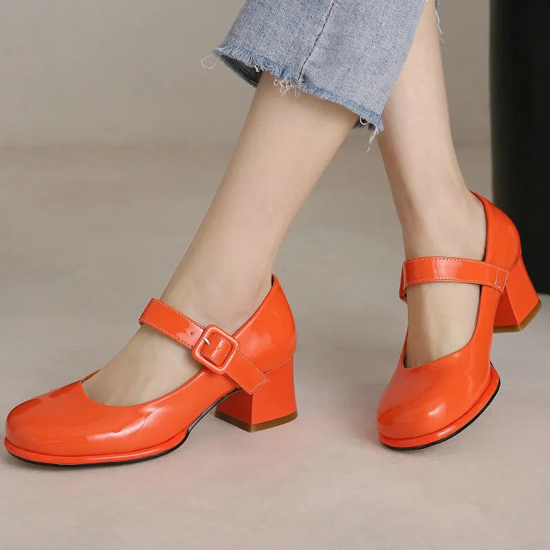 Vibrant Orange Mary Jane Block Heel Shoes