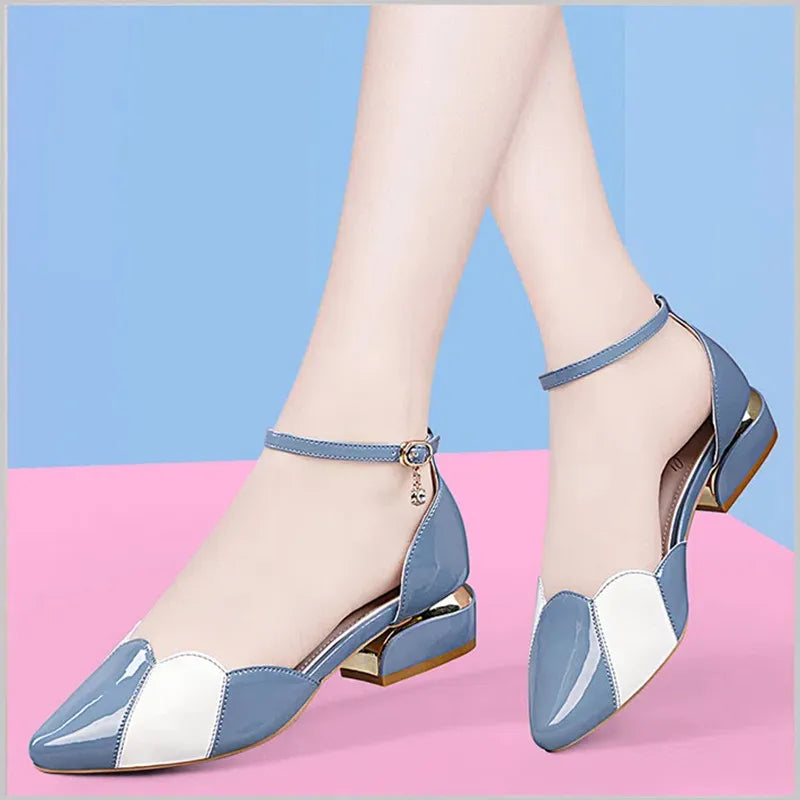 Stylish Blue Ankle Strap Patent Leather Flats
