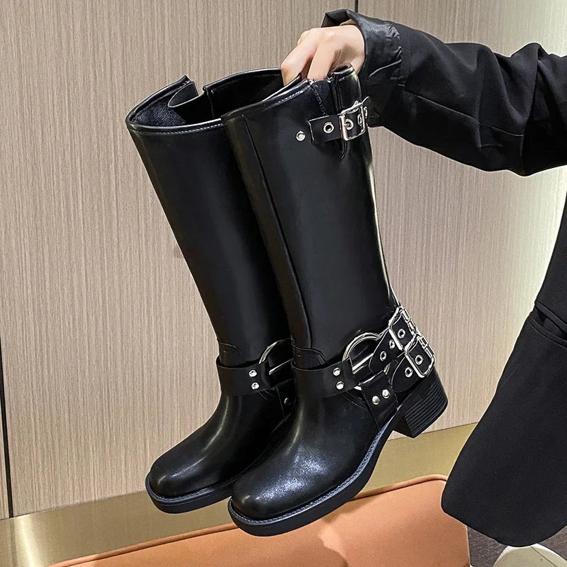 Black Leather Knee high Riding Boots With Buckles on Luulla