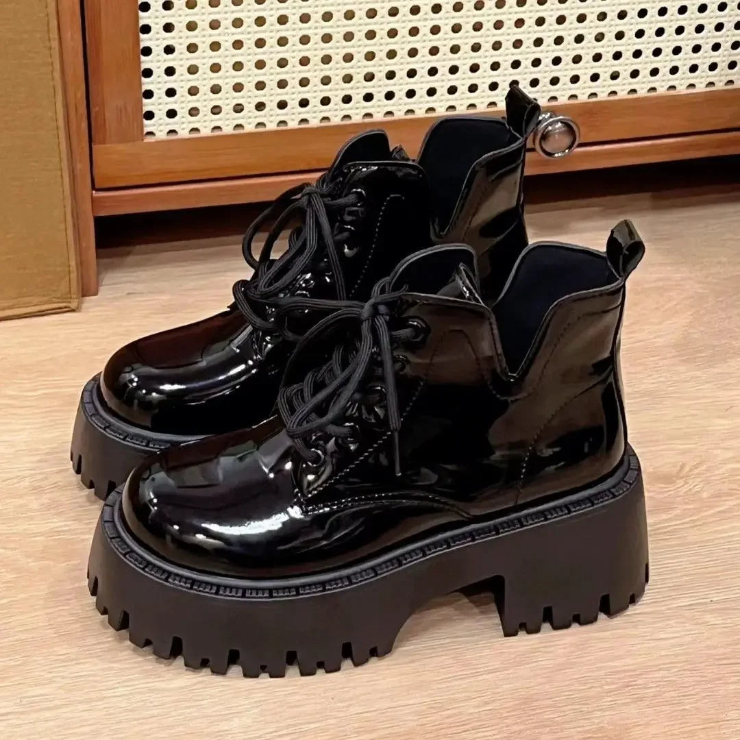 Shiny Black Chunky Platform Lace up Combat Boots on Luulla