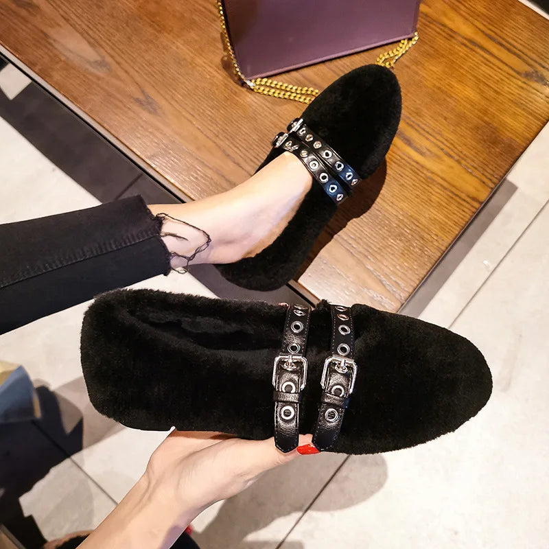 【Loulouseoul】24fw Buckle Fur Flat Shoes Cozy Furry Flats With Double Buckle Straps on Luulla