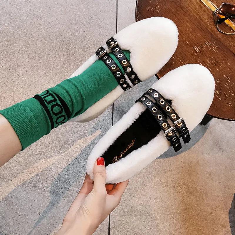 Cozy Furry Flats With Double Buckle Straps on Luulla