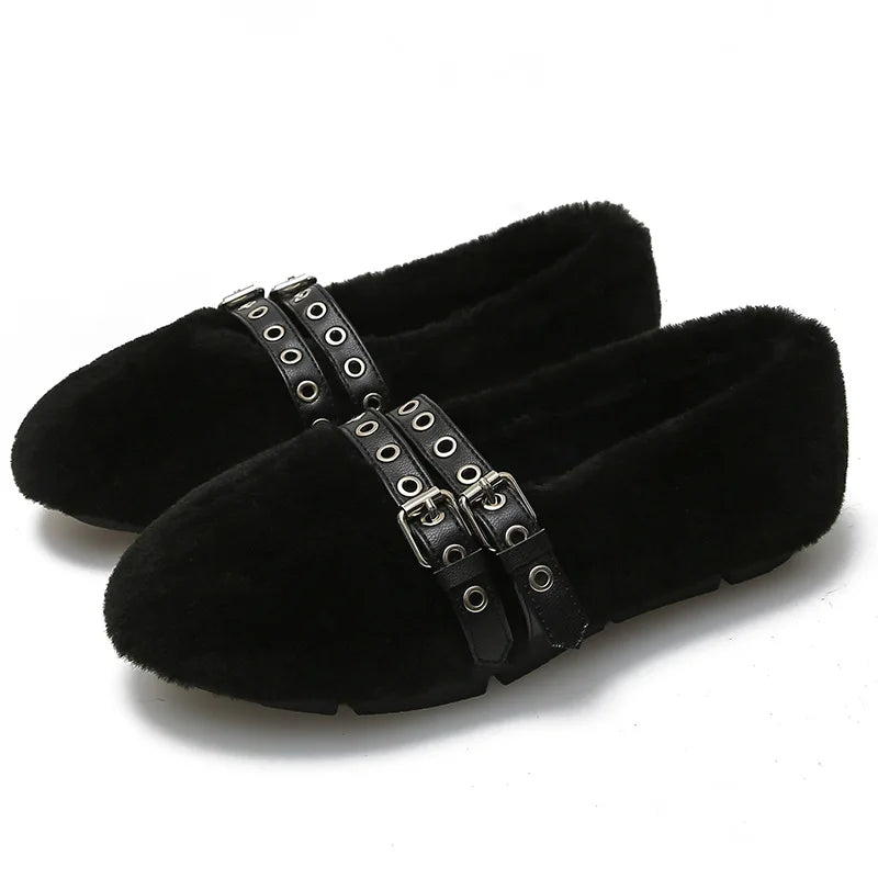 Cozy Furry Flats With Double Buckle Straps on Luulla