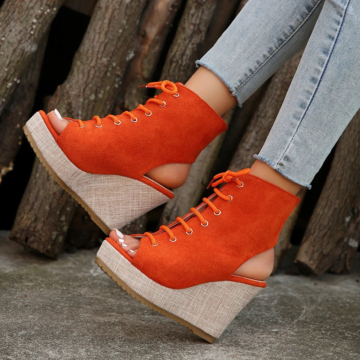 Suede lace up wedge booties hot sale