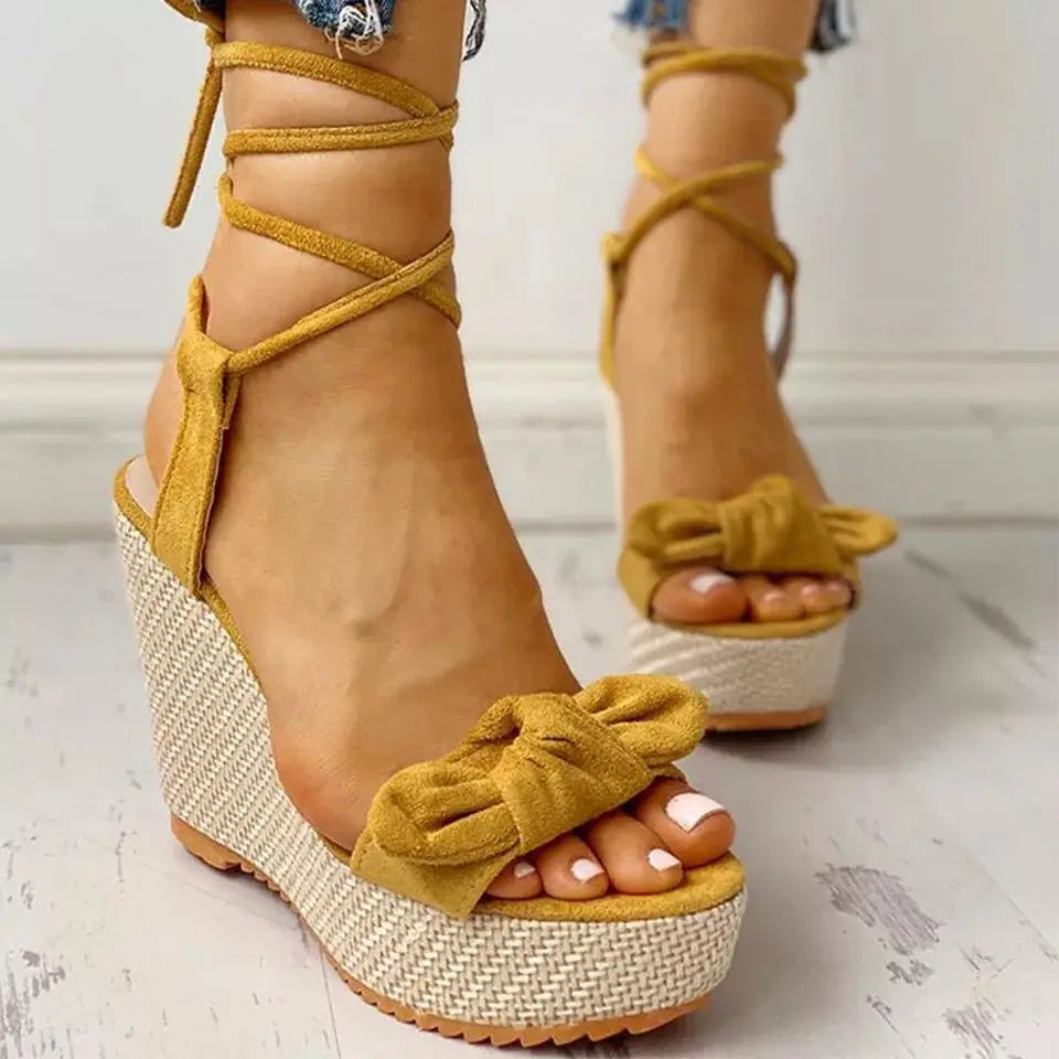 Womens Mustard Bow Wedge Sandals with Ankle