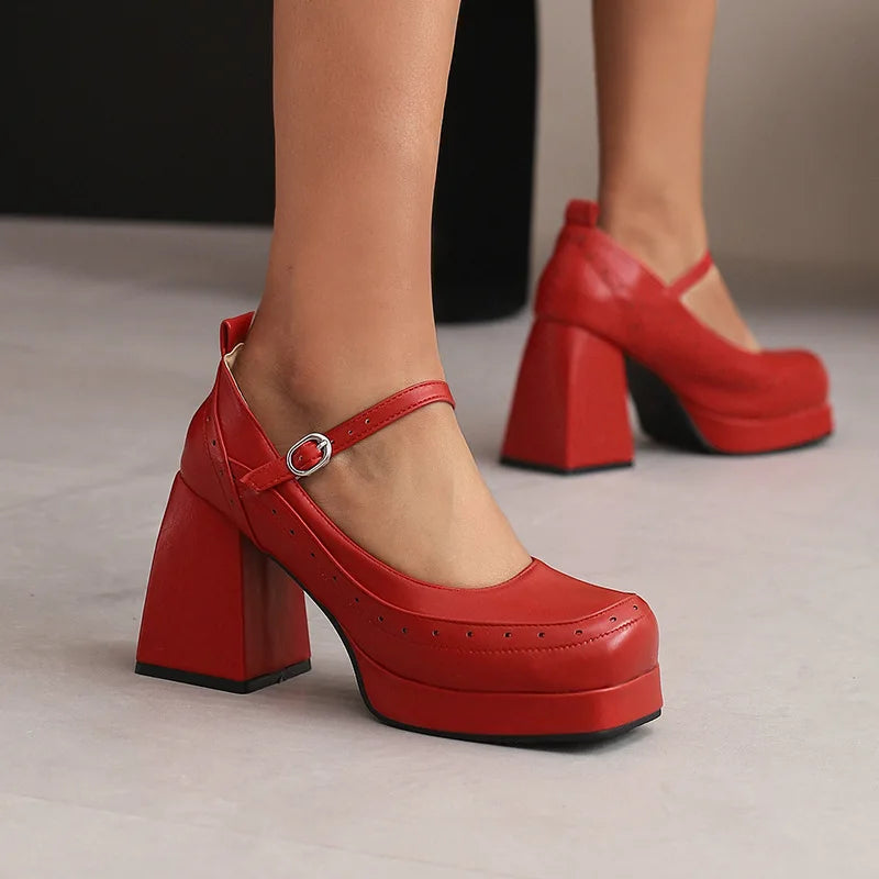 Chunky Red Mary Jane High Heel Shoes